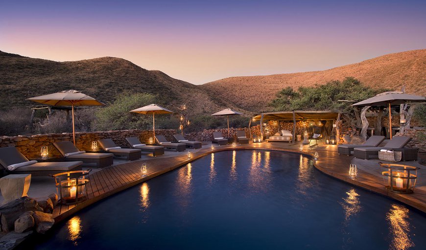 The surroundings are elegantly simple with a luxury swimming pool opening to the remarkable scene of animals drinking at a nearby watering hole.